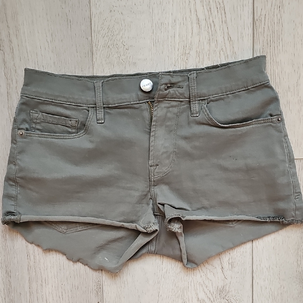 Frame Denim Green Jean Shorts Distressed Cut-Off Style